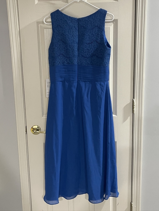 NWT STACEES Womens Ocean Blue High Neck Lace Accent Formal Sleeveless Midi Dress - Picture 2 of 4